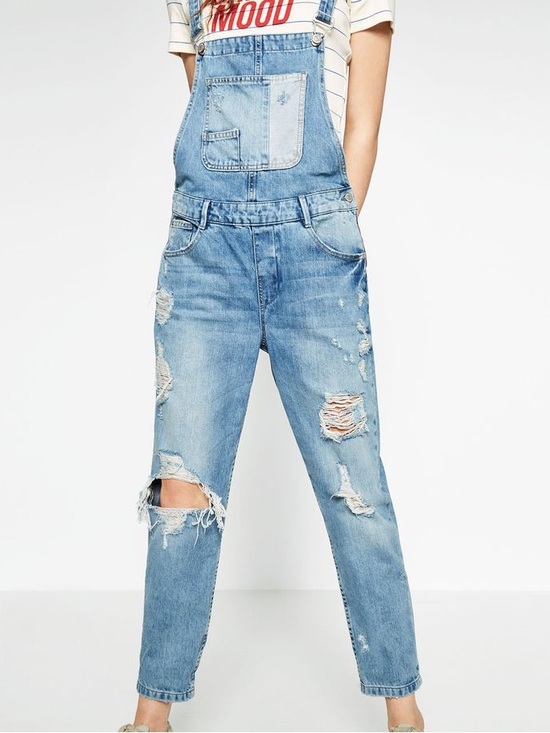 Zara Pants - Zara Trafaluc Blue Light Wash Denim Distressed Boehmian Country Overalls- Size S